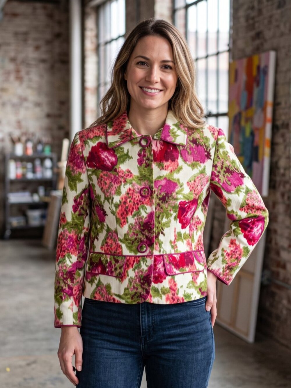 Bandolino Pink Green Floral Stretch Cotton Button Front Blazer Jacket Size 4